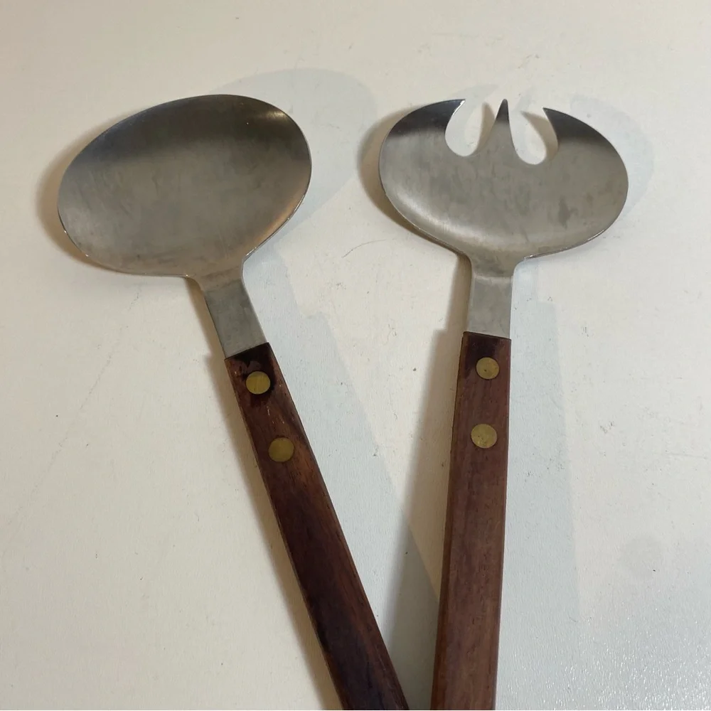 Vintage Barlow 1960s Japanese MCM Stainless Wood Salad Server Set 11” Length